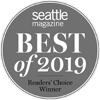 A round &ldquo;Seattle Magazine Best of 2019 Readers&rsquo; Choice Winner&rdquo; award badge with the word &ldquo;BEST&rdquo; large at the center and &ldquo;Seattle&rdquo; on top.