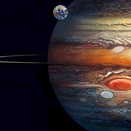 A small Earth floats above a giant, colorful, stormy planet, with swirling clouds and a glowing atmosphere in space.