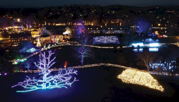 Aerial view of a night holiday light show with illuminated trees, glowing pathways, and colorful displays across a campus beside buildings.