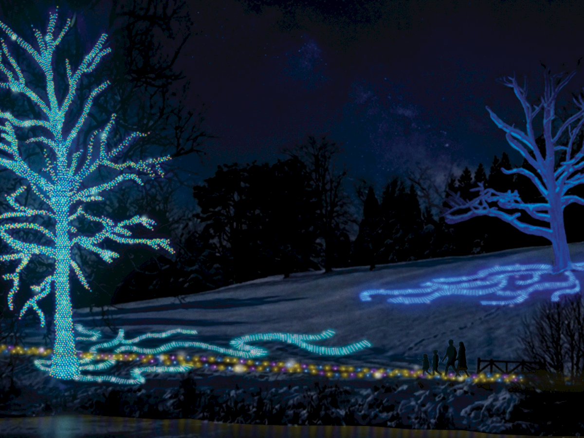 Nighttime snowy park with glowing blue and green light-wrapped trees and an illuminated path, with a few people silhouettes.