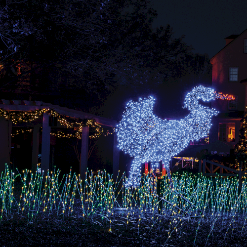 A night holiday yard glows with strings of lights, a big illuminated deer, and festive buildings and trees.