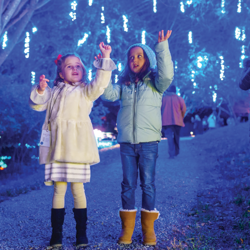 Two children in winter coats raise their hands in the snow under glowing blue holiday lights while people watch nearby.