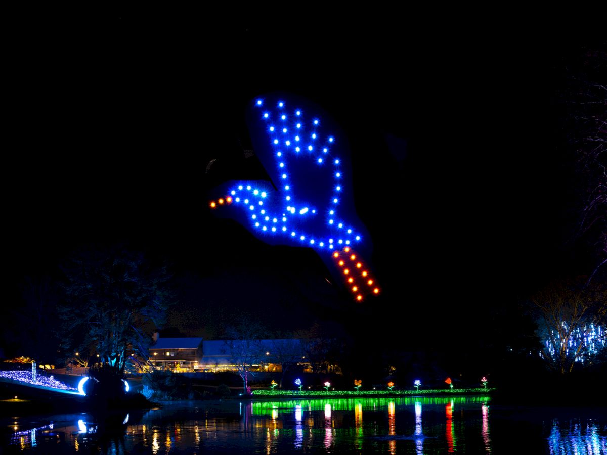 Night park scene with a giant blue-and-orange LED whale hovering over a lake, with glowing trees and colorful reflections.