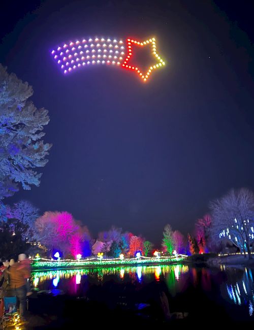 A night LED light show: a large glowing heart/diamond shape of bulbs floats above lit trees and a reflective pond.