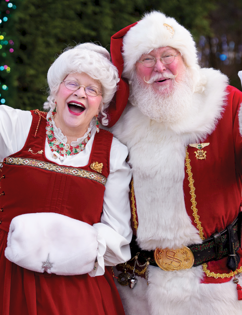 Santa and Mrs. Claus in red outfits wave joyfully with festive lights, smiling in a Christmas yard.