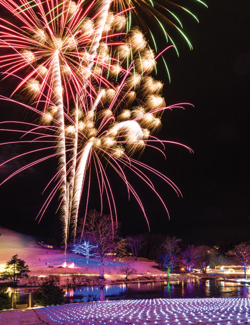 Colorful fireworks burst over a snowy park and pond, reflected in the water with festive lights below.