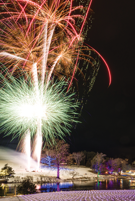 A bright fireworks display bursts overhead in red, green, and white, lighting a winter park with trees, snow, and reflections in a pond.