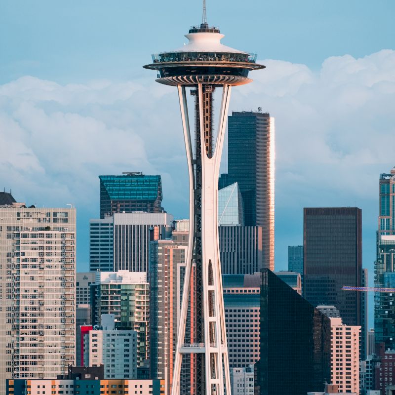 A tall observation tower rises above a dense city skyline, with an enclosed circular deck under a clear blue sky.
